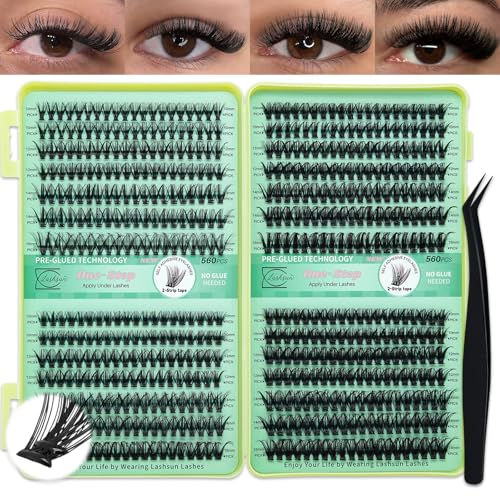 LASHSUN Lash Book Self adhesive Lashes Clusters Kit 560pcs Big Volume Individual Eyelashes with Mixed Length 10-16mm No Glue Needed DIY Eyelashes Extension at Home Including Tweezers