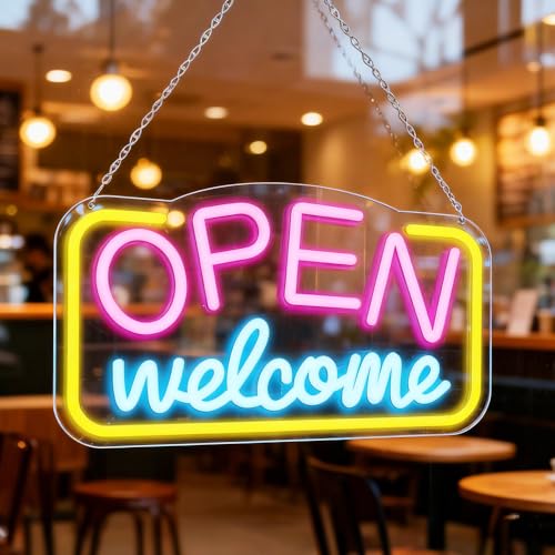 Cartel Abierto, ADDLIVE Neon LED, OPEN WELCOME Letrero Neon 42 x 23 cm, 9 Niveles de Brillo Luz Neon, Ne-on Sign para Hotel, Club, Bar, Oficina, Centro Comercial, Sala de Juegos, Restaurante, Tiendas