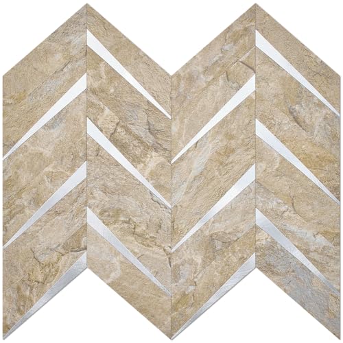 DICOFUN 10-Sheet Sandstone Look Herringbone Peel and Stick Backsplash for Kitchen, PVC Mixed Metal Gold Chevron Stick on Backsplash Wall Tiles