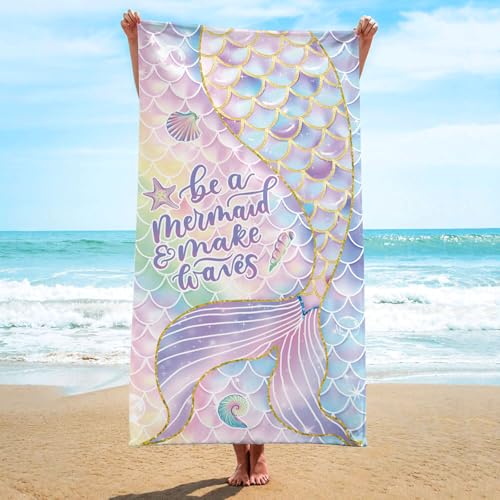 Irisbell Cotton Beach Towel 63 x 32 inch Large Sand Free Towels for Travel,Quick Dry Absorbent Swimming Beach Towels for Pool Yoga Gym Camping (Mermaid Tail)