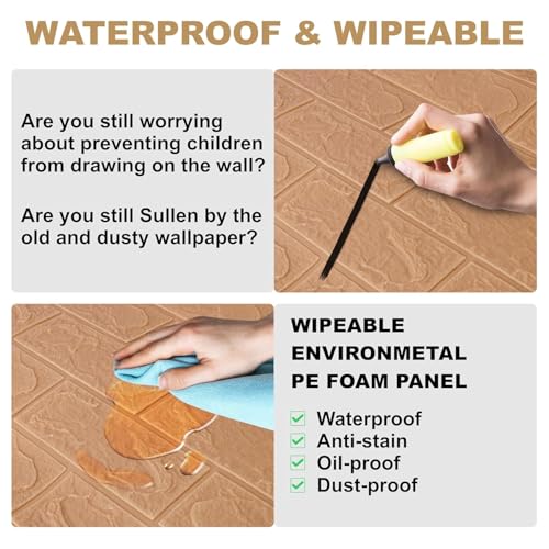 Image of TEKCOOL Self-Adhesive Waterproof PE Foam 3D Wall Panels Wallpaper Sticker for Bathroom, Living Room, and Home Decoration (70 x 77cm, Appx. 5.8Sq Feet)-1 Piece / /Brown