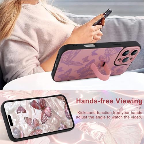 Image of for iPhone 16 Pro Case with Finger Strap Holder, Cute Cool Butterfly Print Pattern Design for Women Girls, Shockproof Anti Scratch Hand Kickstand Protective Cover, Pink