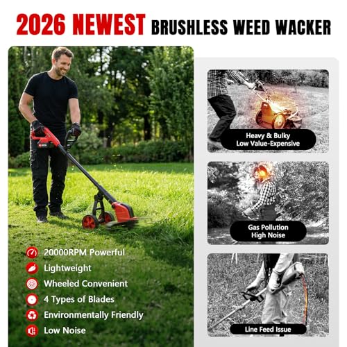 Image of 20000 RPM Electric Weed Wacker with Wheel,12″ Brushless Cordless Weed Eater Battery Powered, 4-in-1 Brush Cutter /String Trimmer /Grass Trimmer /Lawn Mower,Edger Stringless Weed Trimmer,5 Blade,2 Battery