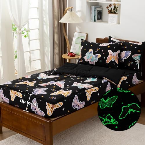 Image of Meeting Story Glow in the Dark Girl Butterfly Full Bedding Sets Zipper Bedding, 3 Pcs Zip Up Comforter Bed in a Bag with Fitted Sheet and 2 Pcs Pillowcases(Blackpurple,Full)