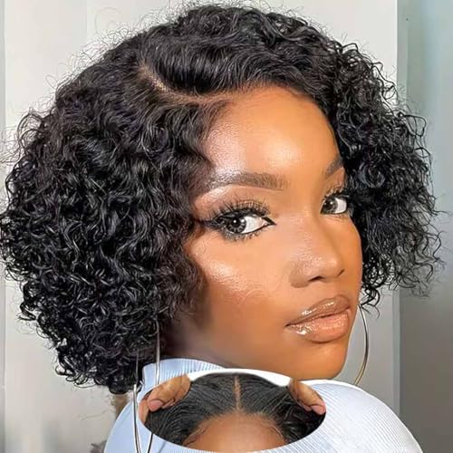 Srakuw Wear and Go Glueless Wigs Human Hair Pre Plucked Pre Cut Lace Front Wigs for Black Women Glueless Water Wave 180 Density Curly Bob Wig Human Hair (6 Inch)