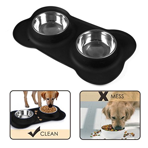 Asfrost Dog Food Bowls Stainless Steel Pet Bowls & Dog Water Bowls With No-Spill And Non-Skid, Feeder Bowls With Dog Bowl Mat For Small Medium Large Size Dogs Cats Puppy Pets, Dog Dishes, Black, 240Z #TOP3