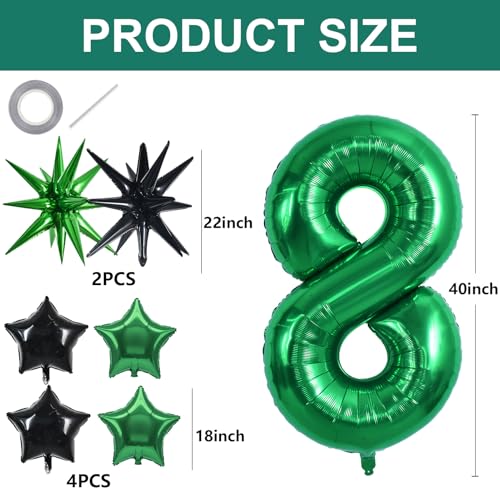 Image of TONIFUL 8th Birthday Balloons 40 Inch Green Large Number 8 Foil Balloon 18 Inch Helium Mylar Heart Star Shaped Ballons for Boys Men Birthday Anniversary Graduation New Year Eve Party Decoration
