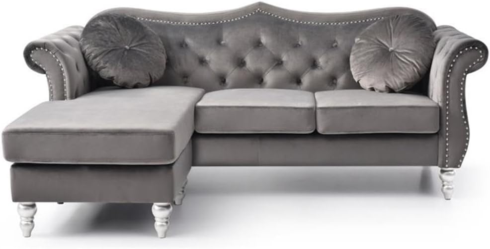 Pemberly Row Contemporary Velvet Sofa Chaise, 81" W x 35" D x 34" H, Dark Gray Finish, Tufted Back, Flared Arms, Turned Legs, Hardwood Frame, 2 Matching Throw Pillows, Living Room Seating for 4