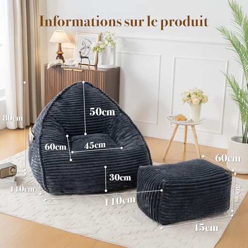 Pouf XXL 110cm flanelle avec repose-pieds Vamcheer
