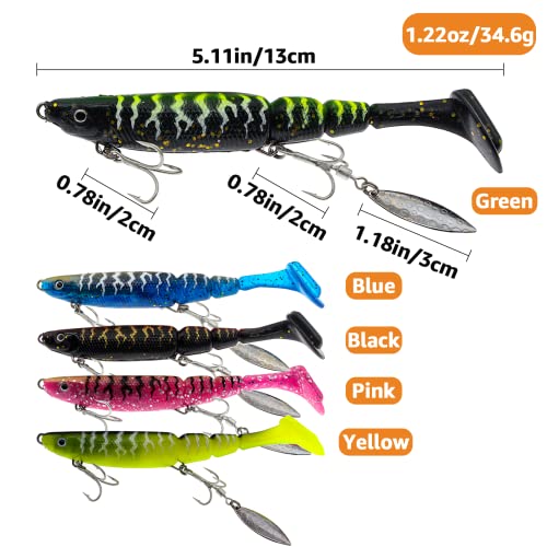 Ghanneey 5Pcs Fishing Soft Lures Fishing Jigs Head With Treble Hooks And Spinner Blade For Saltwater Freshwater Tuna, Grouper, Snapper, Bass, Salmon #TOP1