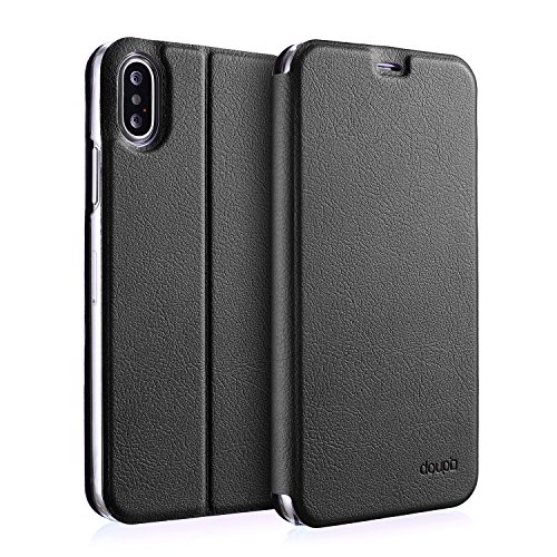 doupi Deluxe FlipCover para iPhone XS (5,8 Pulgada) Carcasa Case magnético Funda Caso tirón Estilo Libro Protector de Cuero Artificial, Negro