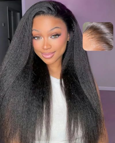 BEEOS Kinky Straight 13x6 SKINLIKE Real HD Lace Frontal Wig, 250% Density Pre-Plucked Bleached Knots Ultra-fitted Wig Cap Human Hair Wig 30 Inch