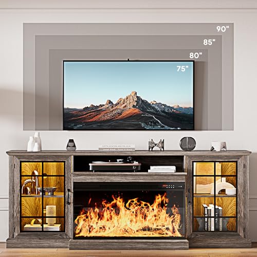 Image of MXV 80'' Fireplace TV Stand, Farmhouse Entertainment Center with 3 Sided Glass TV Stand, Modern Media Console Table with Storage Drawers & Cabinets with LED Flame and Lights for Living Room, Gray