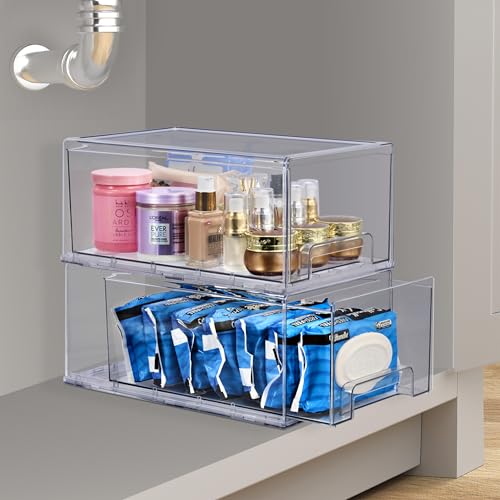 Sorbus Large Clear Stackable Storage Drawers, Plastic Storage Drawers with Handles, Craft, Clothes, Medicine, Makeup, Closet, Art Supply, Bathroom, Shoe, Toy Storage Organizer (2 Pack)