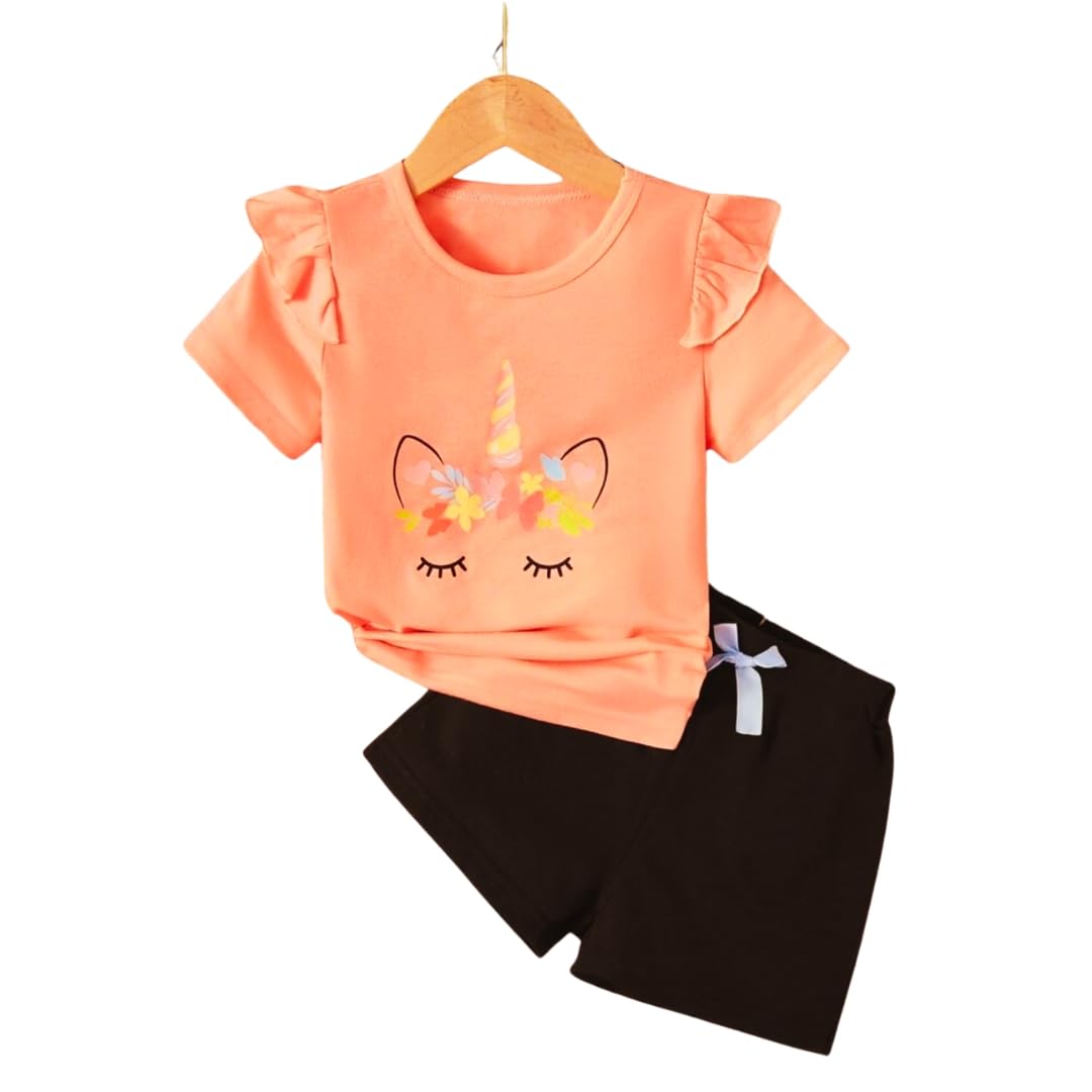 Fommy Baby Products - Baby Girl Dress with Unicorn Print Ruffle Trim Tee, Bow Front Shorts - T Shirt and Baby Clothes Set - Ideal Kids Clothes Girls (18-24 Month, Peach)