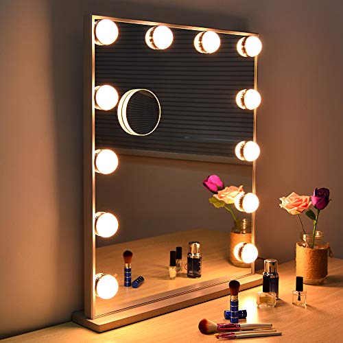 WONSTART Hollywood Espejo iluminado con luces, espejo de tocador para maquillaje con 12 bombillas LED para montar en mesa o en la pared