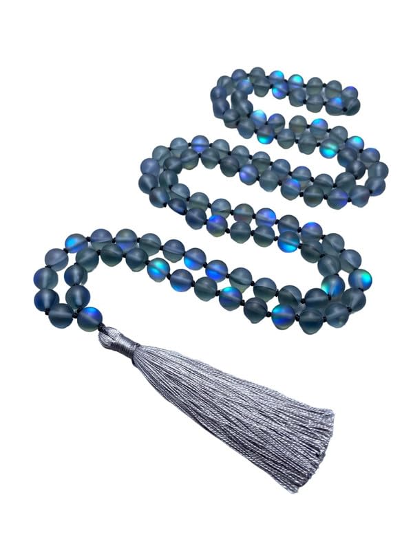 Collier Mala en Quartz Aura noir 108 perles de 8mm pour la prière et méditation avec gland