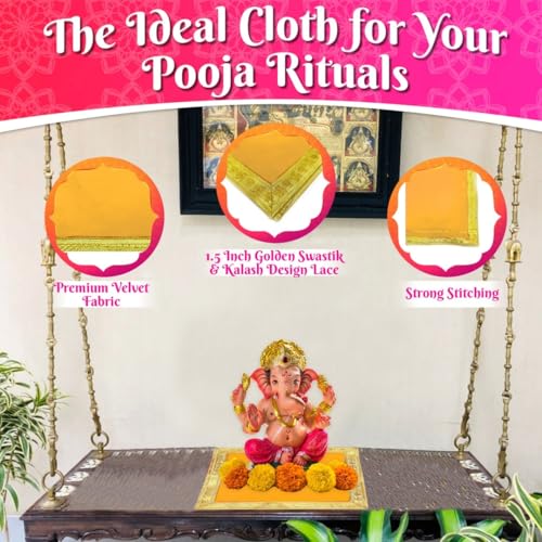 Image of Bhakti Lehar (16 x 16 Inch) Plain Orange Velvet Pooja Aasan for God Idol /Chowki Aasan Kapda Cloth for Temple Shelf Home Mandir, Ganesh Baithak and God Idol Sitting - Pack of 2