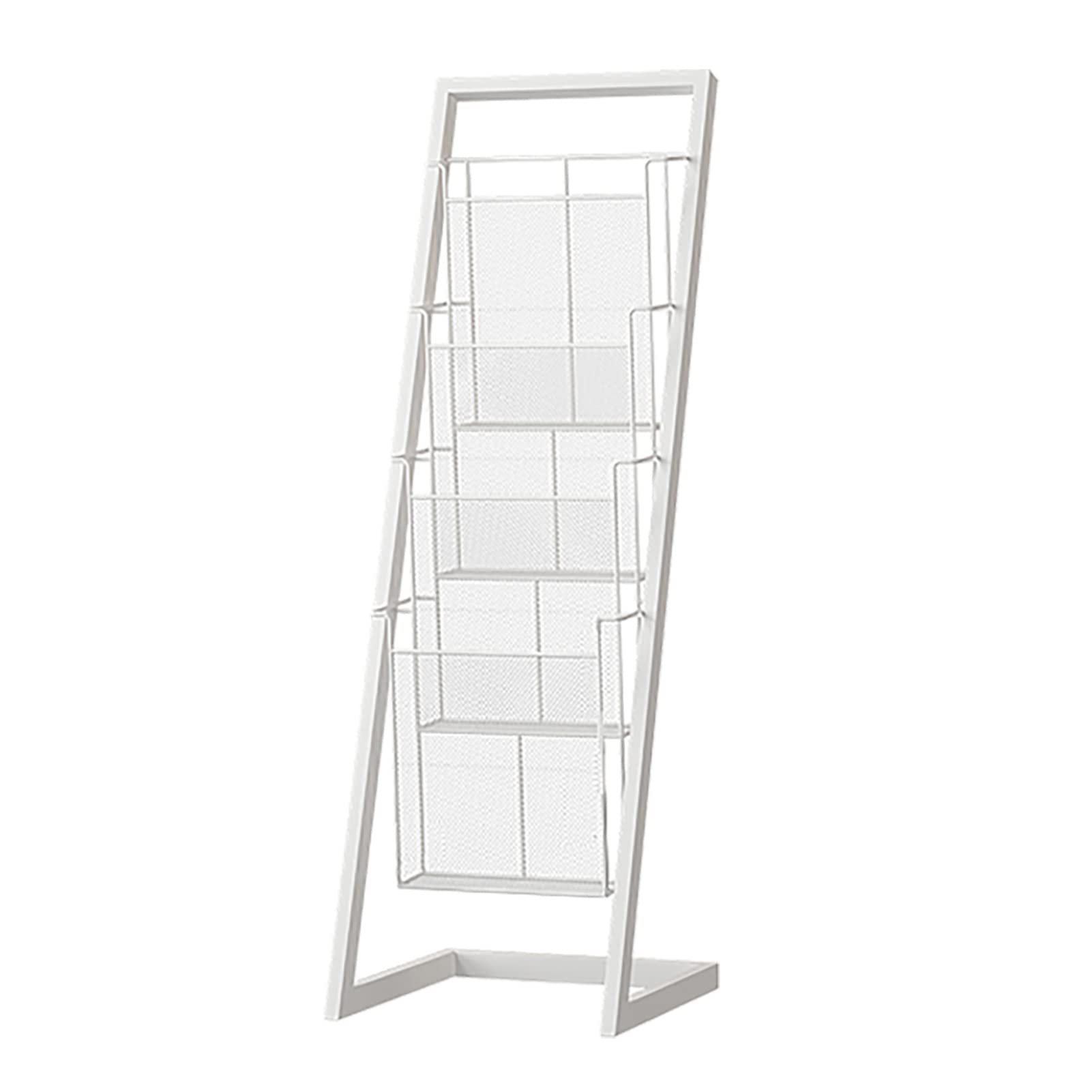Revistero alto de 4 bolsillos con estructura de metal dorada y estantes en color blanco