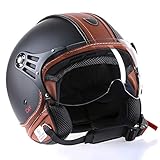 rizzato mofa EPS- ECE- geprüft Motorradhelm Jethelm Rollerhelm CMX Hazel Größe M matt schwarz mit braunem Leder und klarem Visier