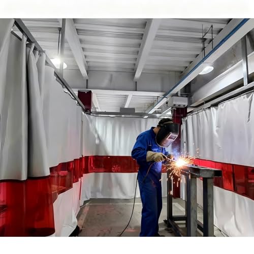 Tenda per Saldatura Rivestita in Silicone, Spessore 1 mm, Schermo ignifugo con Finestra di visualizzazione Rossa, Occhielli Resistenti, barriera Resistente al Calore per Officina Industriale