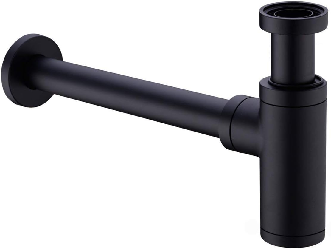 Brass Bottle Trap 1 1/4, Round Decorative P-Trap, Adjustable Waste Traps Plumbing Drain Tube for Bathroom Sink Basin Vessel, Matte Black