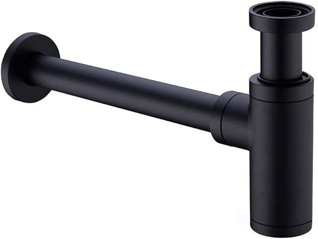 Brass Bottle Trap 1 1/4, Round Decorative P-Trap, Adjustable Waste Traps Plumbing Drain Tube for Bathroom Sink Basin Vessel, Matte Black