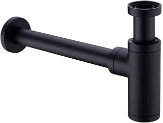 Brass Bottle Trap 1 1/4, Round Decorative P-Trap, Adjustable Waste Traps Plumbing Drain Tube for Bathroom Sink Basin Vessel, Matte Black