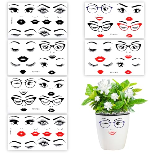 Shimmeroo Lot de 6 feuilles d'autocollants amusants pour pots de fleurs, sourcils, lèvres, bouche et yeux pour travaux manuels, papeterie, loisirs créatifs,...