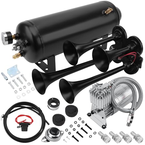 Kit de bocina de tren de 12 V, 4 trompetas de 150 psi, tanque de aire de 1.5 galones, 4 trompetas para...