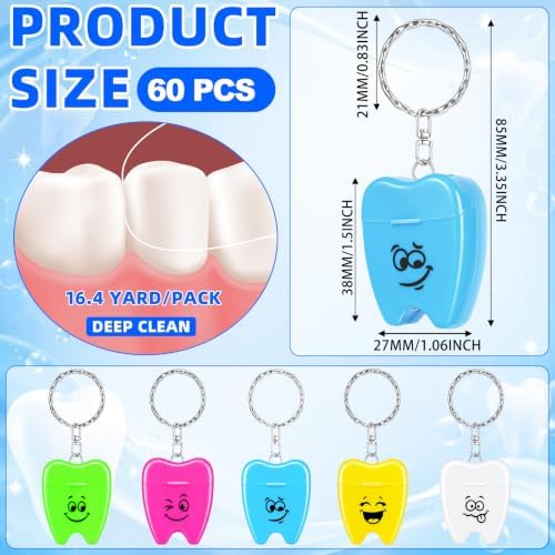 Landical 60 Pcs Mini Dental Floss Keychain Bulk Colorful Tooth Shaped Portable Teeth Floss Funny Tooth Key Chain for Travel Homeless Donated Gifts Teeth Cleaning Oral Care Mint Flavor 15 M /16.4 Yard
