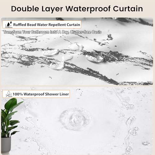 3 in 1 Marble Shower Curtain Set, White Silver Shower Curtain with Washable Fabric Liner & 12 Stainless Steel Hooks, Foil Print, Double Waterproof Shower Curtains for Bathroom, Weighted Hem, 72x72in by VANZAVANZU - Image 3