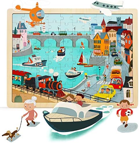 TOP BRIGHT 100 Piece Wooden Jigsaw Puzzles for Kids 3 4 5 Year Old, Urban Wooden Jigsaws for Children Age 3 4 5 with Storage Bag