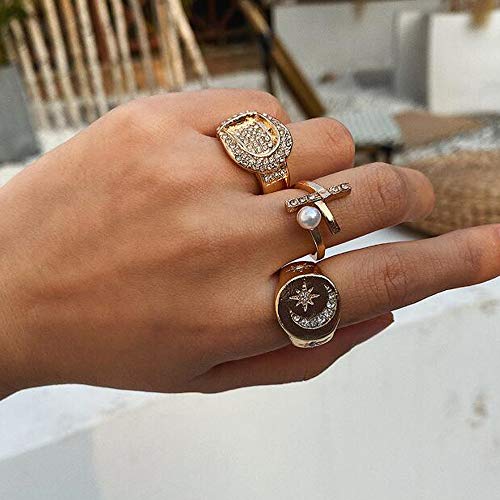 Missgrace Bohemian Vintage Knuckle Gold Pearl Ring Set Vintage Carving Rhinestones Boho Stackable Rings for Women 3 Pcs (Style 8)