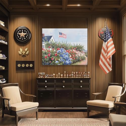 Image of Independence Day Canvas Wall Art, USA Garden with Flag Roses in Bloom Print, Memorial Day and Summer Porch Floral Print Poster Framed Oil Painting for Country Porch or Living Room 20x24inch