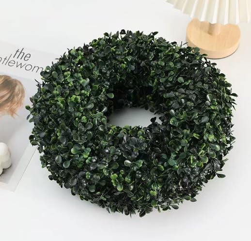 Small Boxwood Wreath 12 Inch Artificial Green Wreath for Front Door UV Resistant - All Seasons Winter Spring Summer - Indoor Outdoor Farmhouse Decor Perfect for Fireplace Cabinet (2pcs) - Image 4