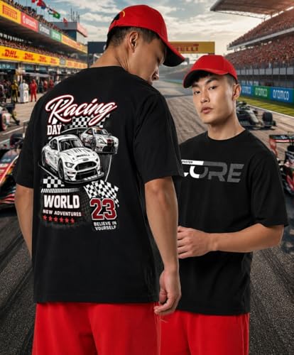 Image of Khakey Men's F1 Racing Graphic Printed Black T-Shirt | Formula 1 Back Print Drop Shoulder Tee | Motorsports Car Print Tshirt for Men & Women | Cotton Streetwear Tee's | Unisex Fit