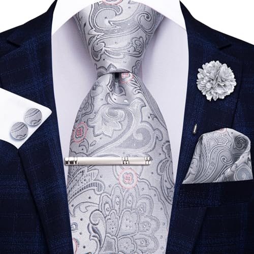 Image of Hi-Tie Silver Grey Pink Silk Neckties Set for Men Jacquard Necktie and Pocket Square Lapel Pin Silver Tie Clip Cufflinks Set Wedding Business 6PCS
