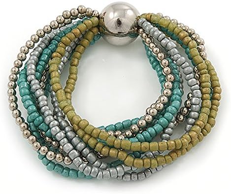 Avalaya Silver/Olive/Green/Grey Multistrand Glass Bead Flex Bracelet With A Silver Mirrored Ball - 19cm L - Image 3