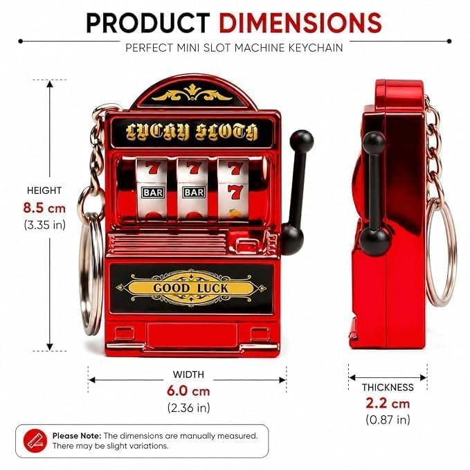 Image of Mini Slot Machine Keychain with Pull Lever and Rotating Reels, Lucky Slots Novelty Key Ring Pendant, Metal Pocket Arcade Game for Keys, Backpack, Handbag & Gifts