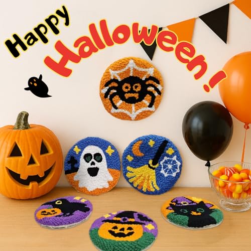 Image of Halloween Punch Needl Kit for Adults Beginners, Easy Embroidery Punch Coaster Starter Set with Instruction - Fun Needle Point Craft for Table Decor & Festival DIY Gifts (6pcs Spooky)