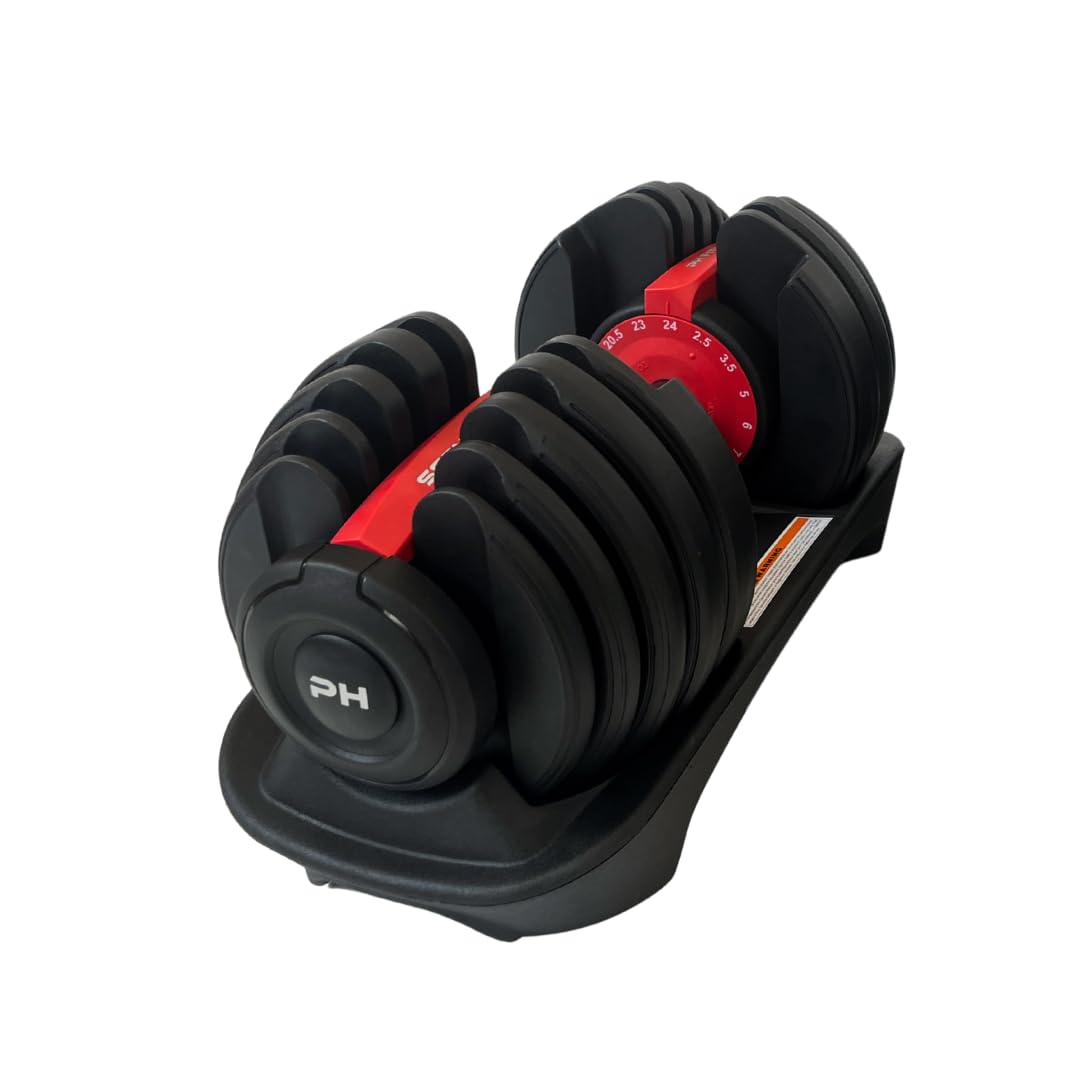 PH Fitness Manubrio Regolabile Premium 24kg – Singolo – 15 in 1 con Regolazione a Una Mano – 2,5-24kg – Compatto e Salvaspazio – Per Allenamento a Casa