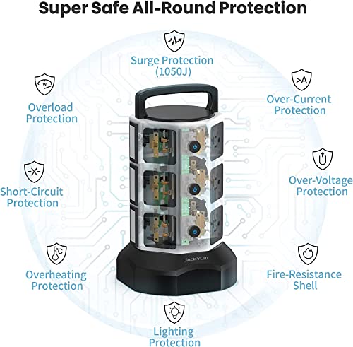 【10Ft】 Power Strip Tower Jackyled Surge Protector Electric Charging Station With 13A 12 Outlets 6 Usb Ports Heavy Duty Extension Cord For Home Office Computer Nightstand Laptop Phone White Black #TOP6