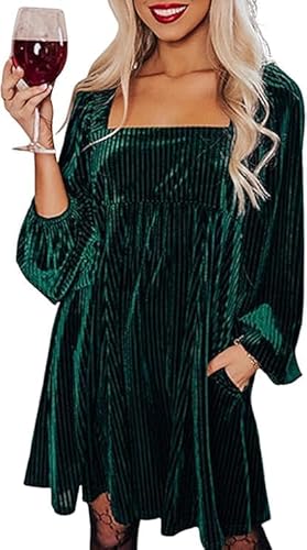 Chvity Velvet Long Sleeve Dress for Women Fashion Sexy Backless Tied Babydoll Dress Christmas Day Party Dresses Green