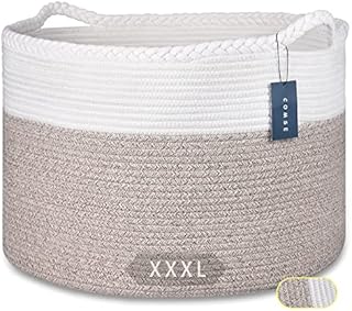 COMSE Extra Large Blanket Basket, Storage Basket, Rope Laundry Basket, 55 x 35 CM, Cotton Rope Basket, XXXL Laundry Basket, Toy Basket, Woven Basket, Clothes Baskets, White/Light Brown