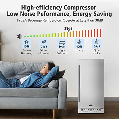 Image of Tylza Beverage Refrigerator 15 Inch Wide, Mini Fridge Stainless Steel Under Counter Beverage Cooler, 130 Cans Beer Fridge with Built-in and Freestanding Beverage Fridge