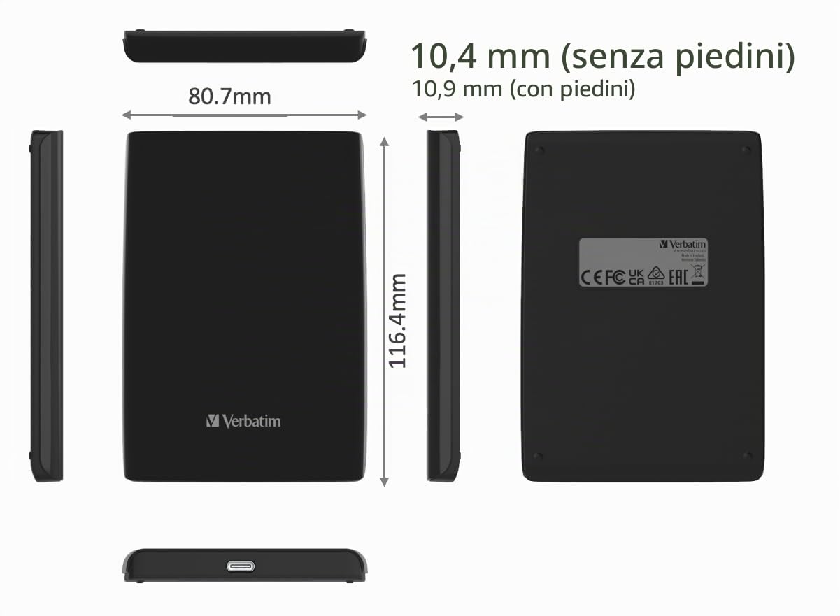 Verbatim Store 'n' Go Slim Portable SSD 256GB, USB 3.2 Gen 1 SSD, fino a 5 Gbps con connettore USB-C e adattatore, software di backup nero, compatto, leggero e affidabile per Mac, PC, nero