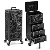 JINGUAN Rolling Makeup Train Case with 3 Drawers, Nail Trolley Cart Salon Station Cosmetology Case on Wheels Organizer Cases for Nail Tech,SPA,Face Painting,Hairstylist,Makeup Artist (Ink Black)