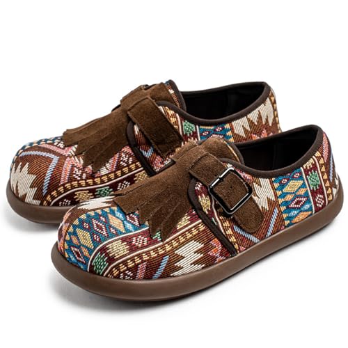 Retro Penny Loafers Mens Tribal Print Slip On Moccasins Bohemian Canvas with Fringe Buckle Strap Multicolor Pattern Comfort Walking Footwear Wide Shoes