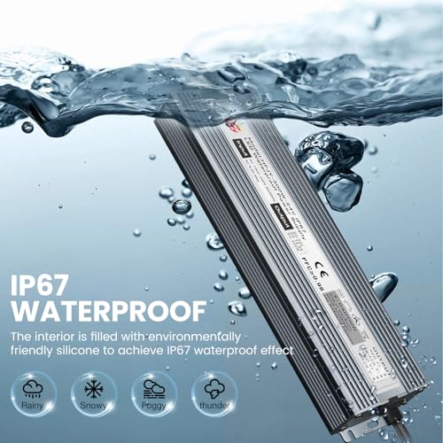 Image of LED Driver 300W Waterproof Power Supply IP67 Transformer, Adapter Converter AC 100V-265V AC to 24V DC 12.5A Low Voltage Output with 3-Prong Plug for LED Light, Computer Project, Outdoor Use